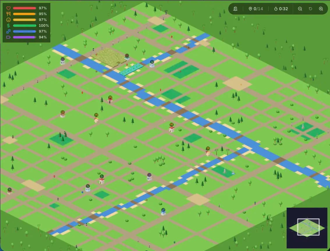 TokoTown gameplay — isometric town with businesses, vitals, and player character